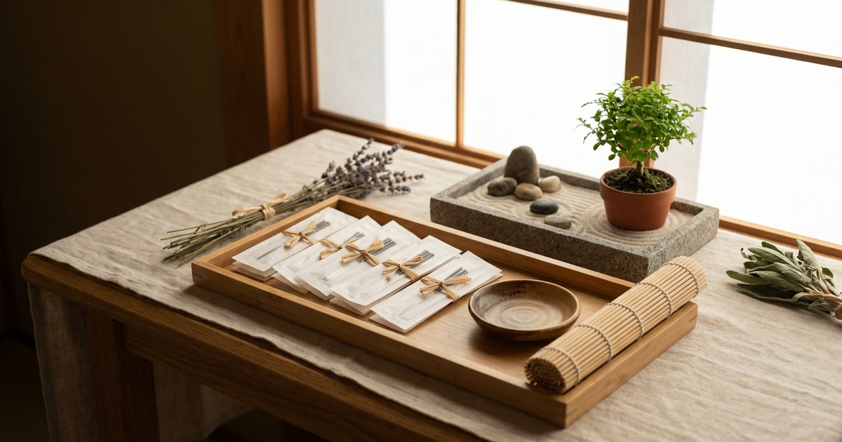 Wooden tray with sealed acupuncture needles, a ceramic dish and bamboo mat in a serene clinic setting