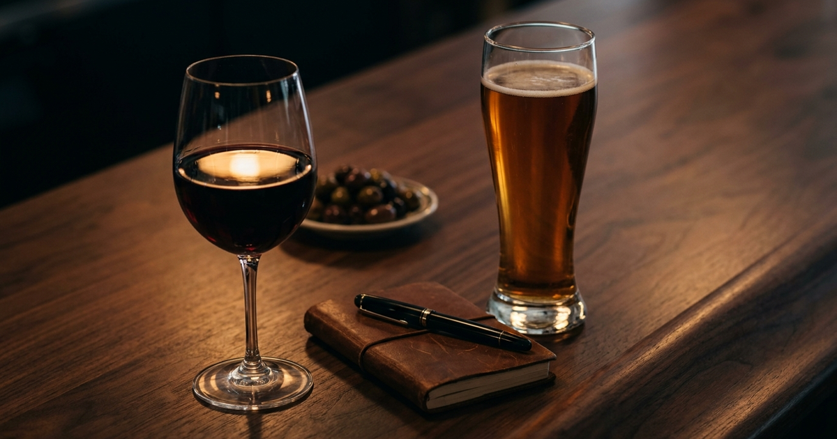 A glass of red wine and a glass of beer on a wooden table with a notepad, representing choices about alcohol and Crohn's disease