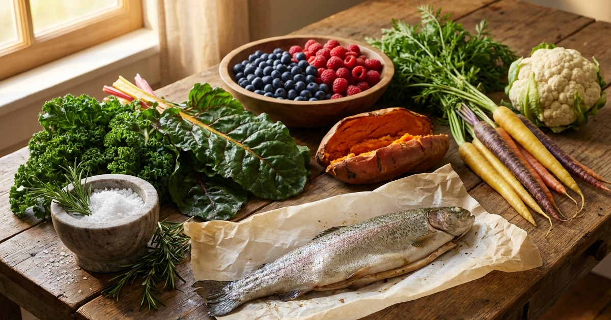 Colorful AIP-friendly whole foods representing the autoimmune protocol diet for Crohn's disease