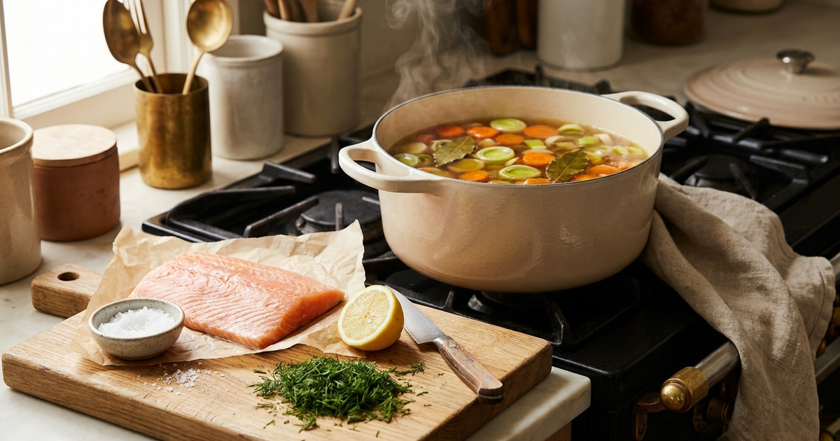 AIP-friendly foods including fresh vegetables, fish, and bone broth for Crohn's disease management