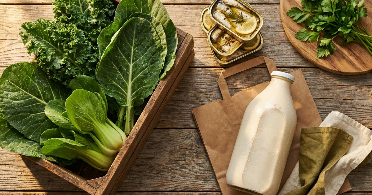 Calcium-rich foods for Crohn's disease patients including fortified plant milk, canned sardines, and leafy greens