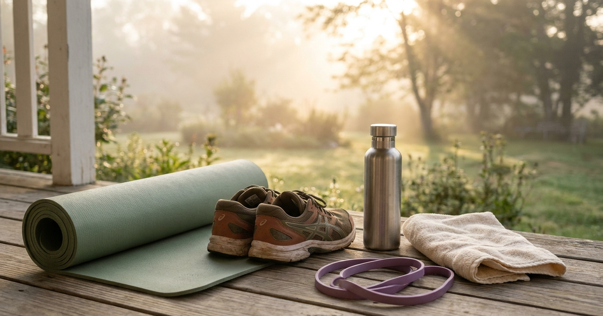 Rolled yoga mat, running shoes, water bottle and resistance band on a wooden porch at sunrise