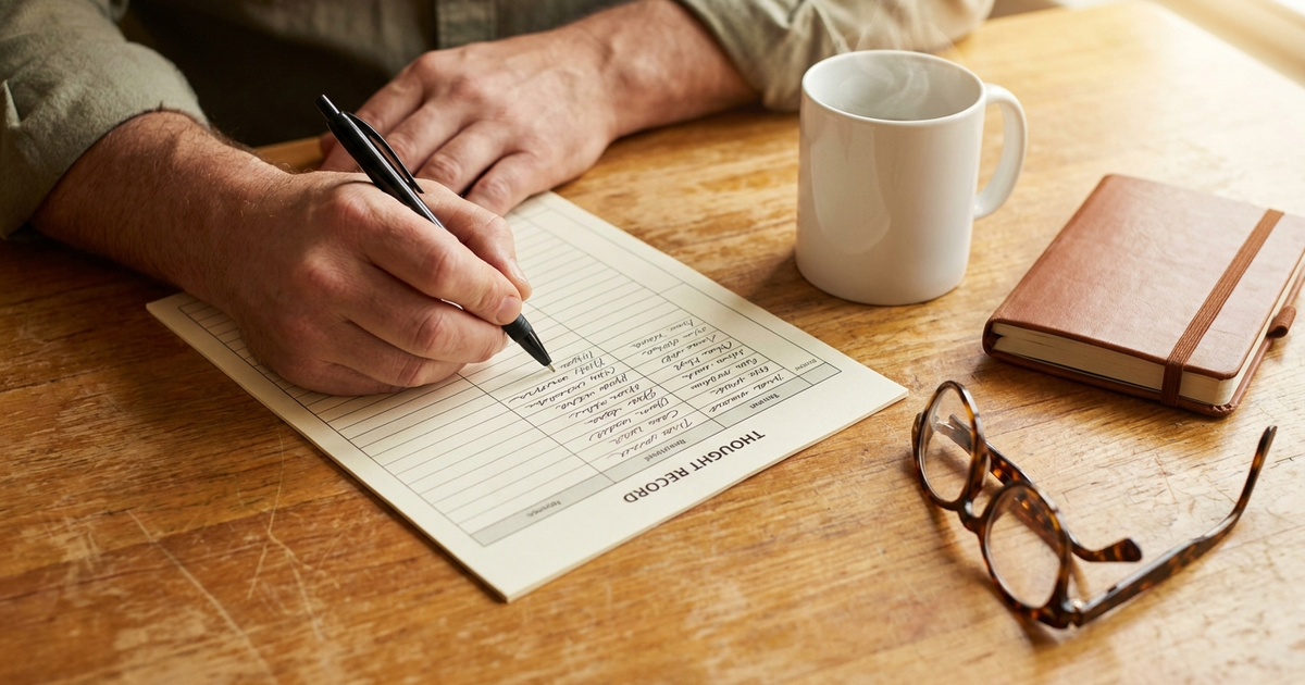 Patient practicing CBT cognitive behavioral therapy techniques for managing Crohn's disease anxiety