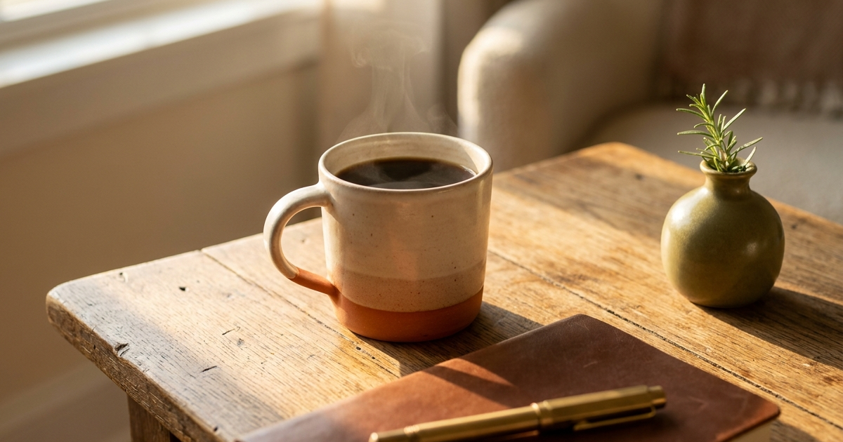 A warm cup of coffee on a sunlit wooden table beside a journal and pen, representing coffee and Crohn's disease self-tracking