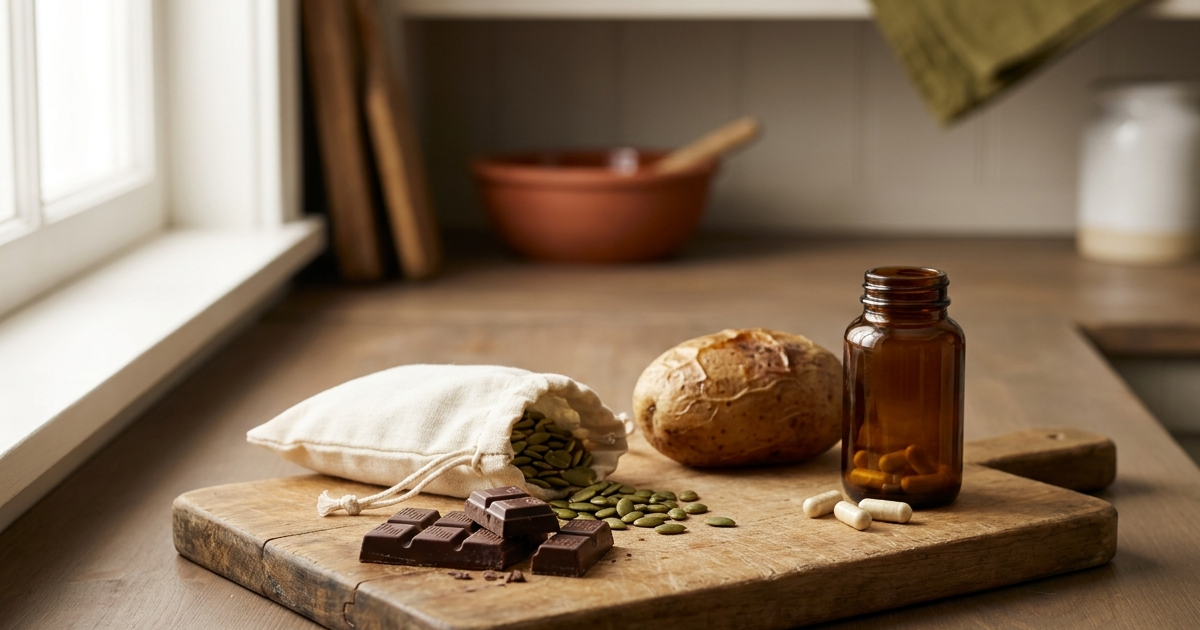 Copper deficiency in Crohn's disease - copper-rich foods and a supplement capsule on a warm background