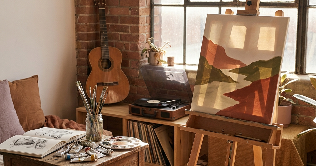 Cozy home art studio with easel, paintbrushes in a jar, acoustic guitar, and open sketchbook in warm afternoon light