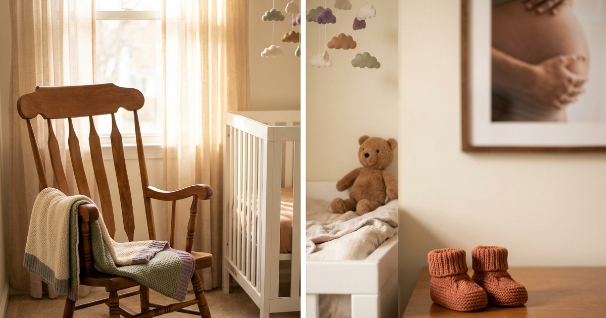 A warm nursery scene with a wooden rocking chair, folded knit blanket, crib with a stuffed bear, cloud mobile, and tiny knitted baby booties.
