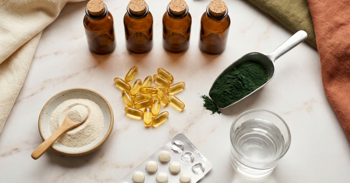 Overhead arrangement of supplement bottles, omega-3 capsules, probiotic powder and vitamin D on marble