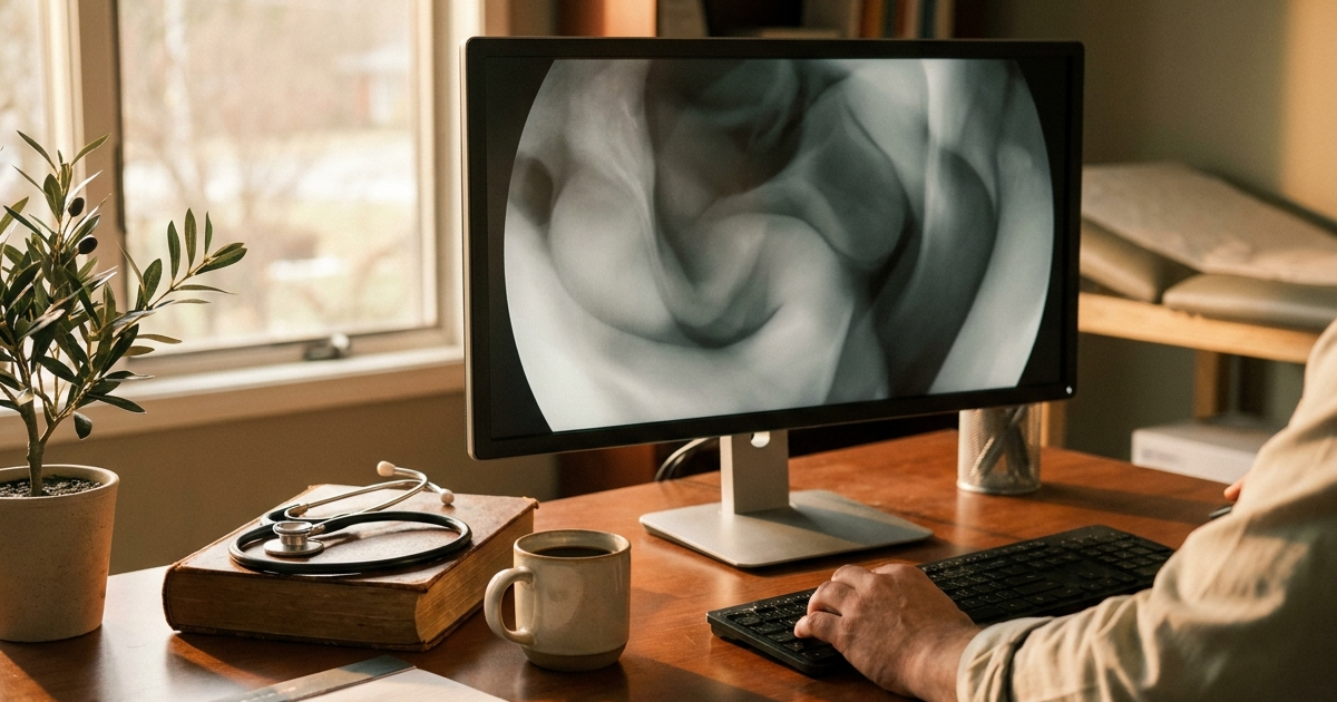 Gastroenterologist reviewing intestinal imaging scans to plan a balloon dilation procedure for a Crohn's disease stricture