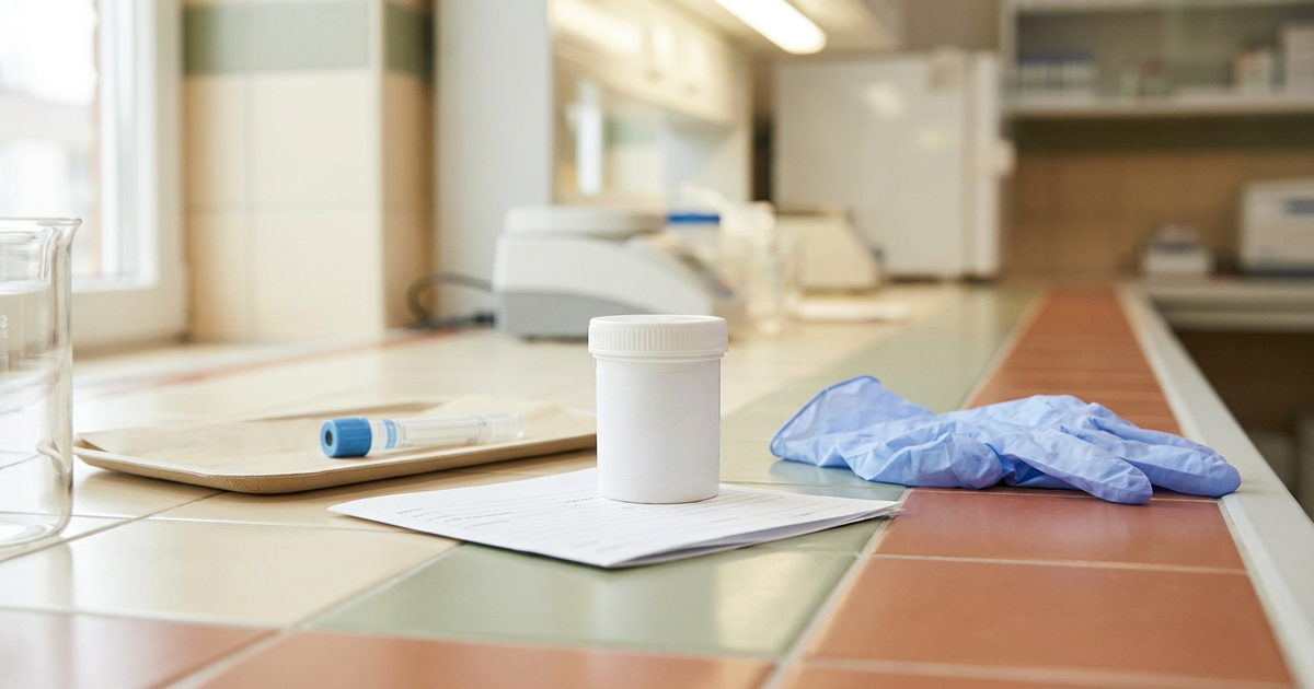 Fecal calprotectin test for Crohn's disease with stool sample kit and lab results showing inflammation levels
