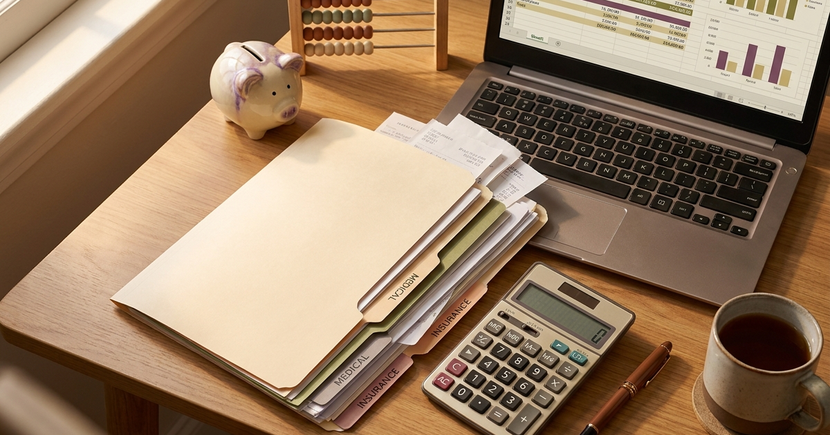 A home office desk from above with a folder of paperwork, a calculator, fountain pen, piggy bank, and a laptop displaying a spreadsheet.