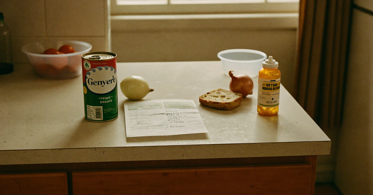Food insecurity and Crohn's disease - a nearly empty kitchen counter with a grocery list and a medication bottle