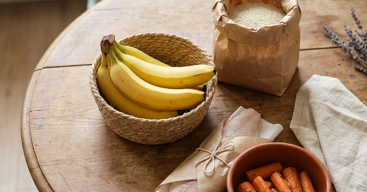 Plate of gentle, low-residue foods alongside common Crohn's trigger foods to limit during a flare