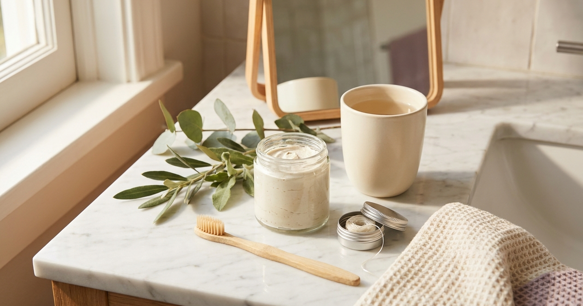 Bathroom counter with bamboo toothbrush, natural toothpaste, floss and eucalyptus for oral hygiene