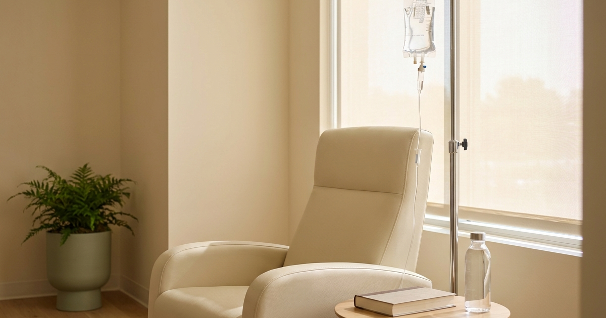 An infusion chair in a bright outpatient clinic beside a window, with a small side table holding a book and water, showing the IV induction setting for Tremfya Crohn's treatment