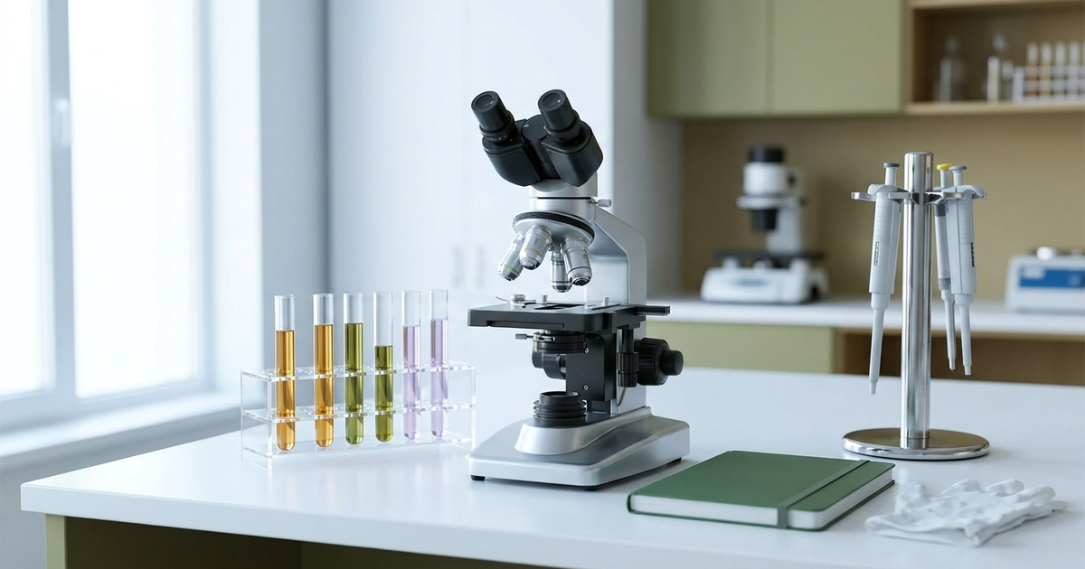 Bright medical research laboratory bench with microscope, test tube rack, and notebook representing donor-funded Crohn's research