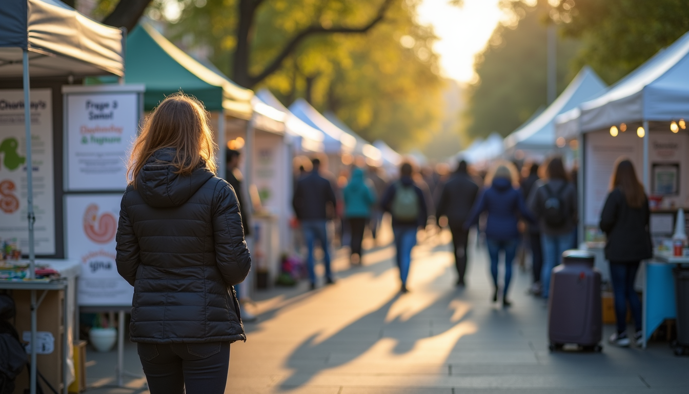 Eye-level view of a community event with informational booths about Crohn's disease