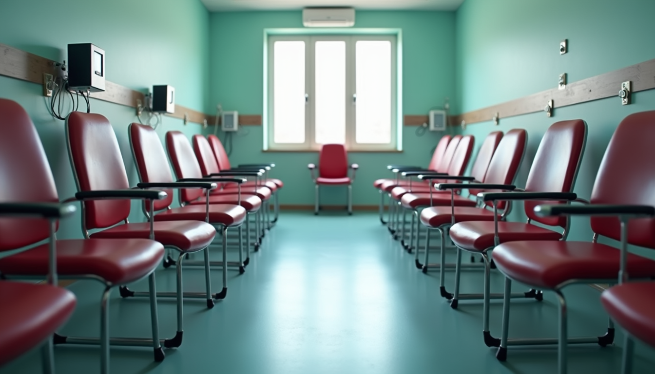High angle view of a blood donation center with chairs and equipment