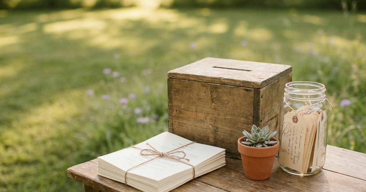 Community fundraising table with a wooden donation box, brochures, and a small potted plant in soft daylight