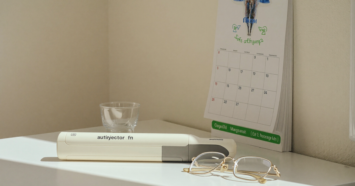 An unbranded biologic injection pen beside a five-year calendar on a clean white clinic desk, illustrating whether Stelara is safe long term for Crohn's disease