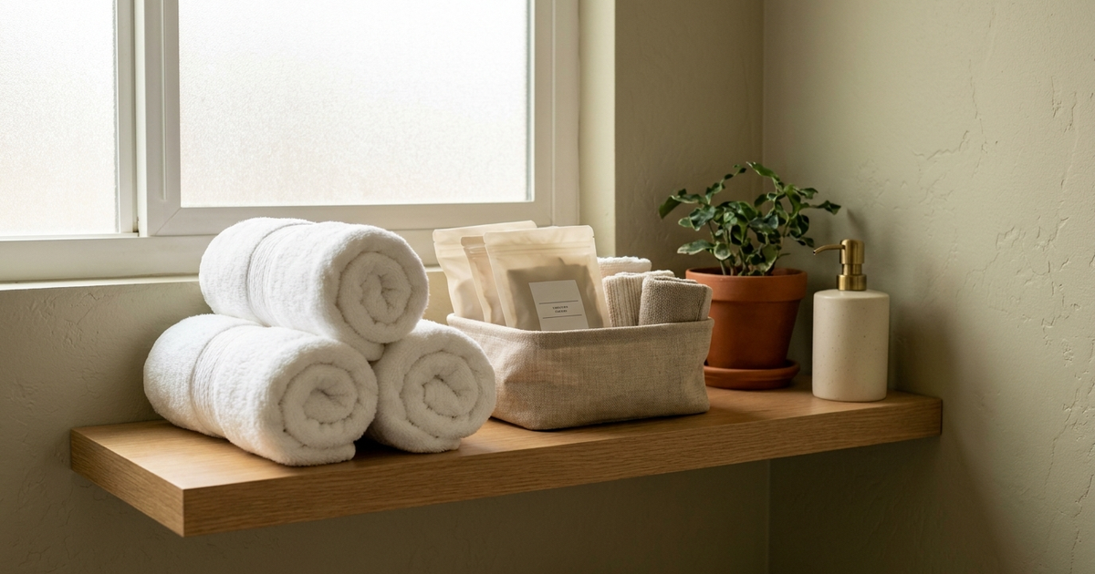 A tidy bathroom shelf with rolled white towels, a linen basket with medical supply pouches, a small potted plant, and a ceramic soap dispenser.