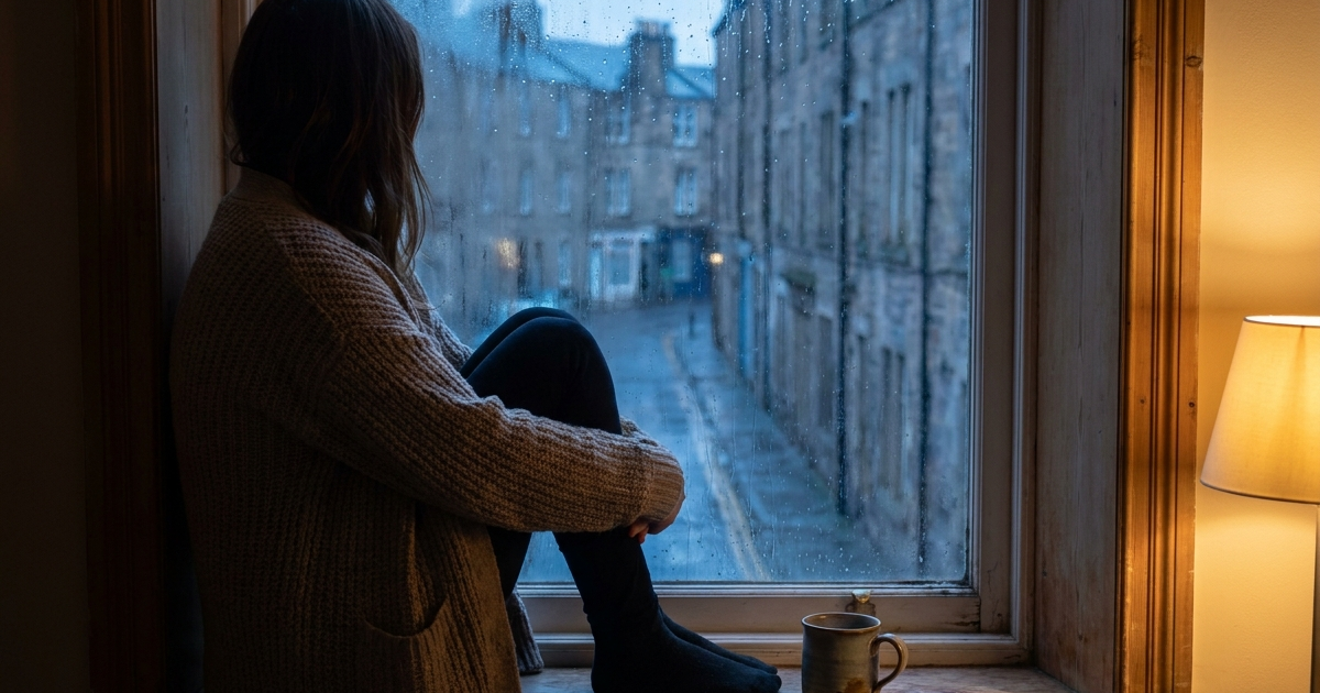 Person experiencing loneliness and Crohn's disease sitting alone looking out a window