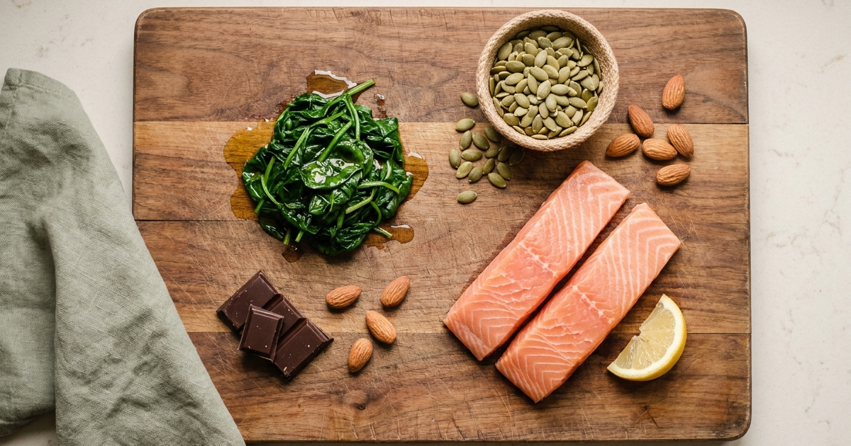 Magnesium-rich foods suitable for Crohn's disease patients including cooked spinach, pumpkin seeds, and salmon