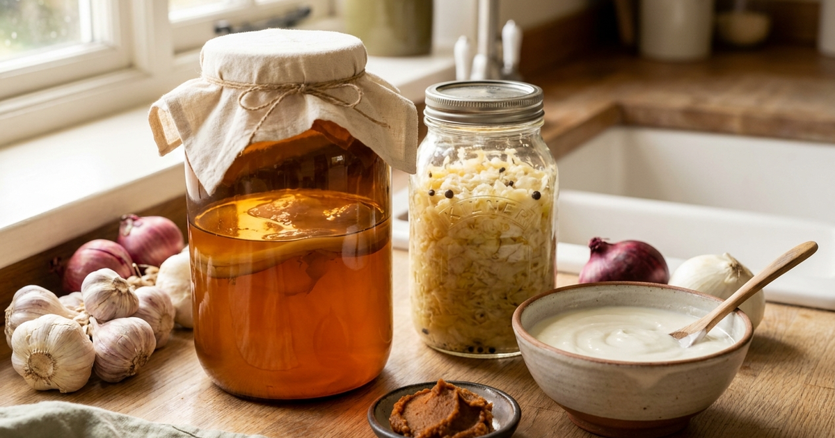 Fermentation jars with kombucha, sauerkraut, yogurt and miso with garlic and onions on a counter