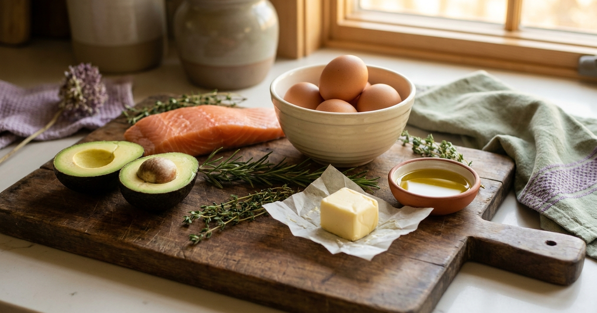 Rustic cutting board with keto ingredients - avocado, salmon, eggs, fresh herbs and olive oil