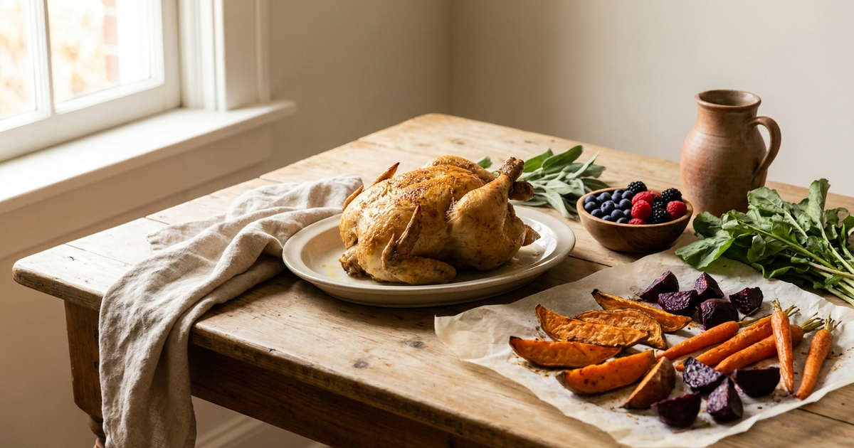 Farmhouse table spread of paleo foods - roast chicken, roasted root vegetables, berries and greens