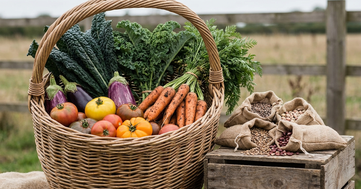 Woven basket of farmers market vegetables with burlap sacks of lentils and beans on reclaimed wood