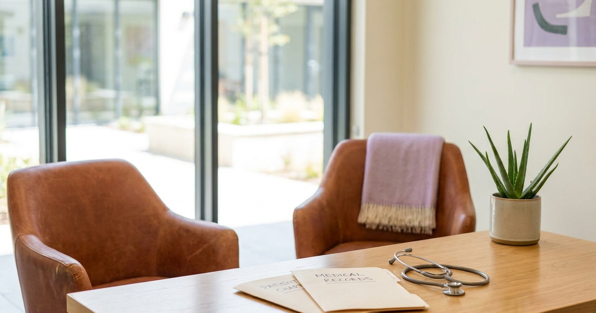 Modern multidisciplinary clinic office with two chairs, medical charts, a stethoscope and an aloe plant