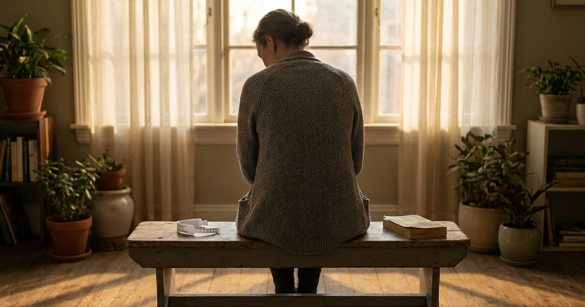 Person sitting quietly reflecting on medical trauma and PTSD related to Crohn's disease