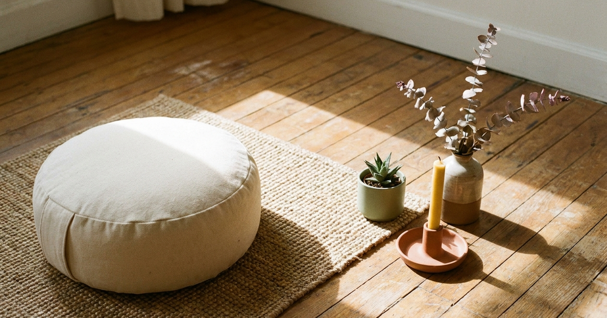 Meditation corner with buckwheat cushion, candle and succulent in morning sunlight on wooden floor