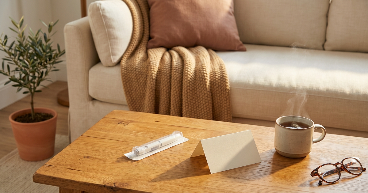 A patient at home sitting on a couch with a subcutaneous injection pen and a reminder card on the coffee table, representing the at-home maintenance phase of Omvoh dosing schedule