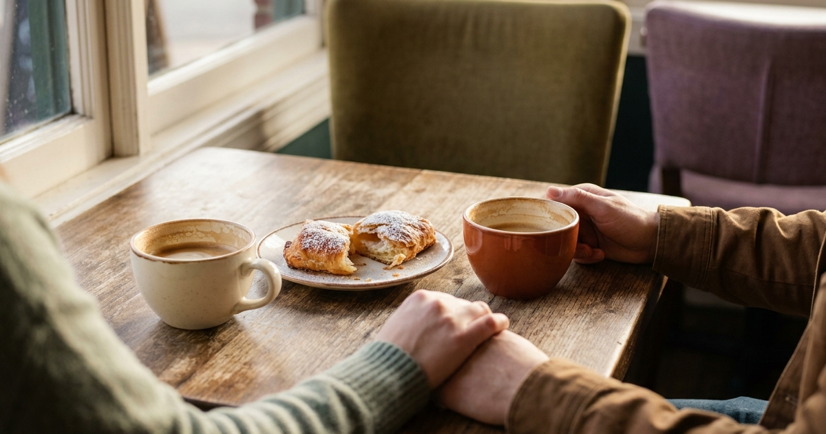 Two coffee cups at a cozy cafe table with two cropped pairs of hands gently clasped together over a shared pastry in warm afternoon light.