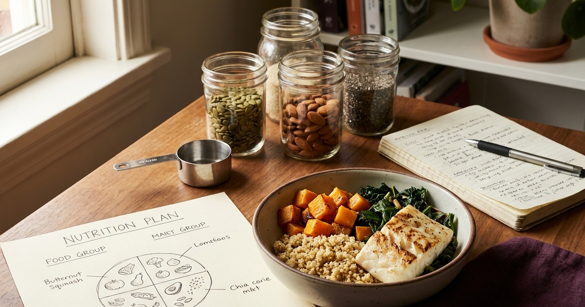 Nutritionist's desk with a nourishing grain bowl, jars of seeds, measuring tools and a handwritten plan