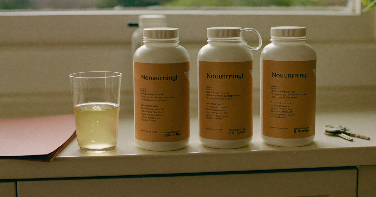 Nutrition before Crohn's surgery - enteral nutrition formula bottles and a glass on a kitchen counter beside a hospital appointment letter