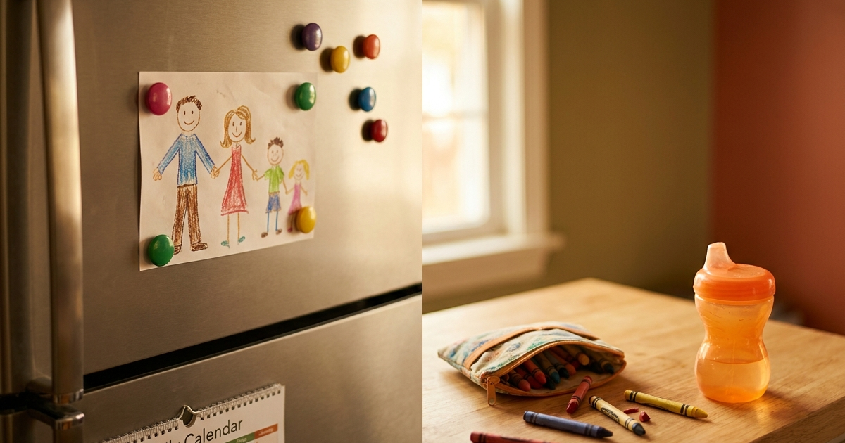 A child's crayon drawing of a family on a fridge door, with crayons and a sippy cup on the counter below in warm kitchen light.