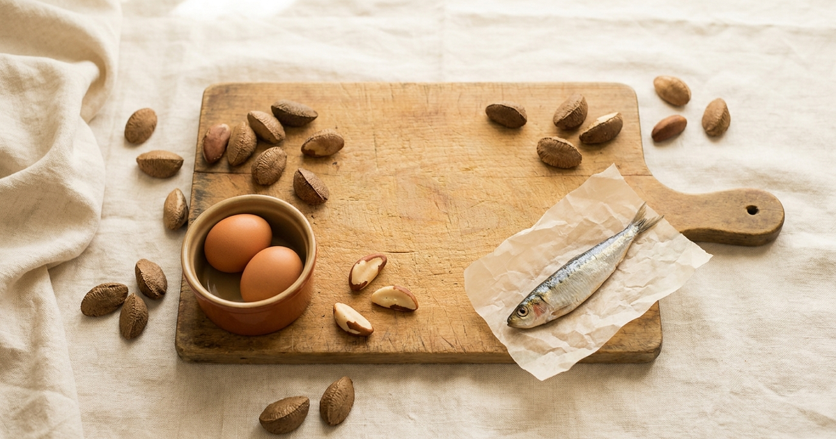 Selenium deficiency in Crohn's disease - selenium-rich foods including Brazil nuts, eggs, and fish on a warm background