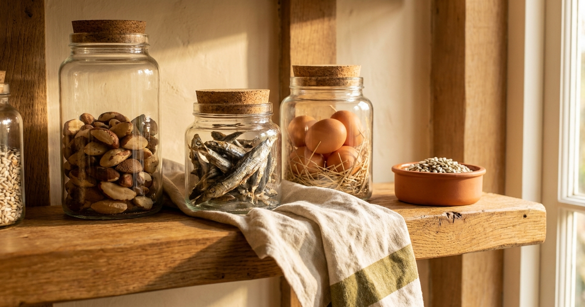 Selenium-rich foods arranged on a table including Brazil nuts, tuna, eggs, and sardines suitable for Crohn's disease patients