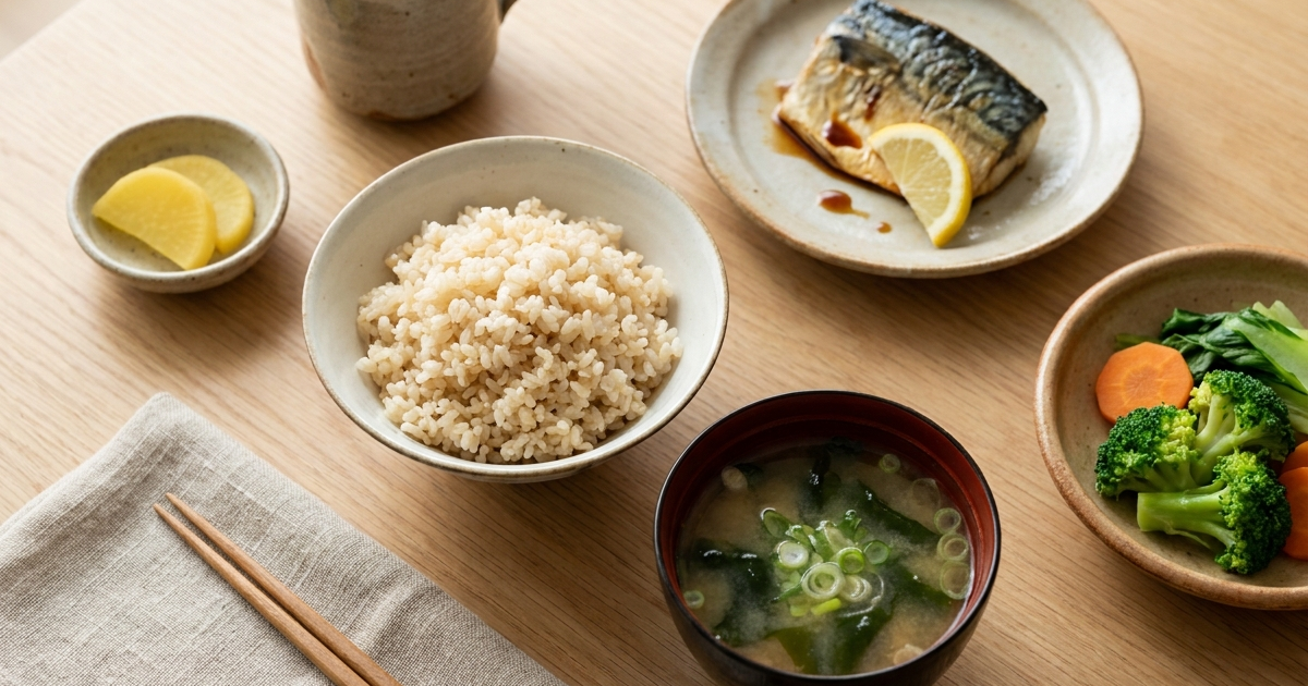 Semi-vegetarian diet for Crohn's disease with brown rice, vegetables, miso soup, and fish