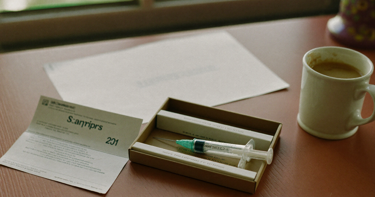 Skyrizi cost paperwork on a kitchen table with a risankizumab pen, a copay card and an explanation of benefits