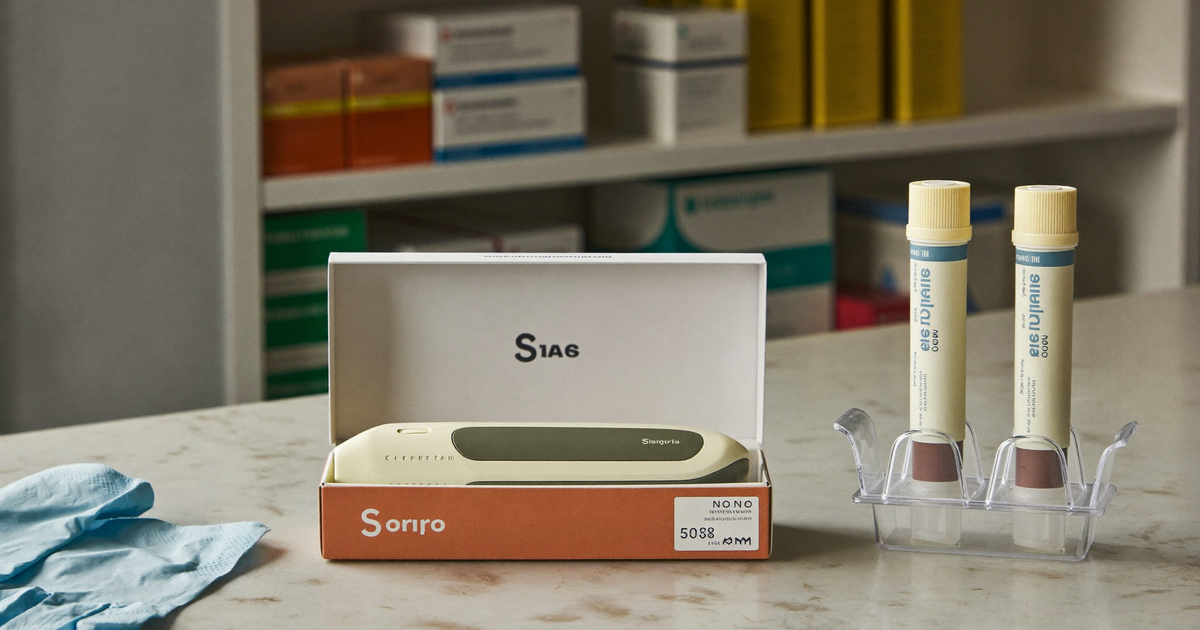 An unbranded biologic injection pen beside blood test tubes on a clean clinic counter, representing Skyrizi side effects and safety monitoring in Crohn's disease