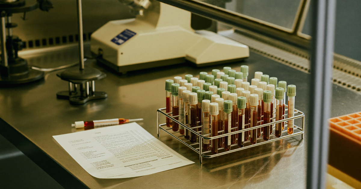 Blood test tubes in a rack beside a lab requisition form, illustrating liver enzyme monitoring for Skyrizi side effects during IV induction