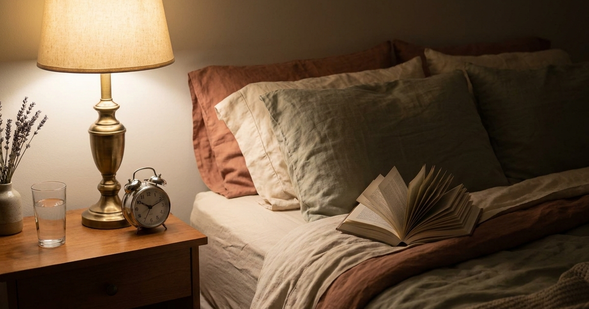 Dimly lit bedroom at night with turned-down linen sheets, a bedside lamp glowing, and a book on the bed