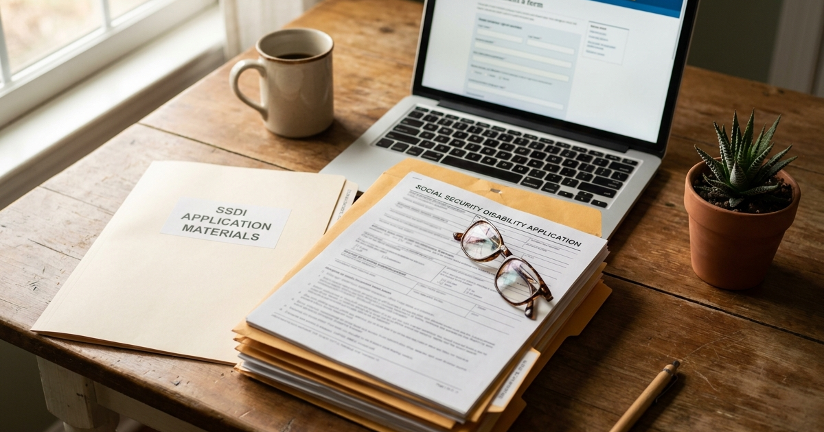 A person reviewing Social Security disability paperwork at a kitchen table with medical records and a laptop, representing SSDI for Crohn's disease