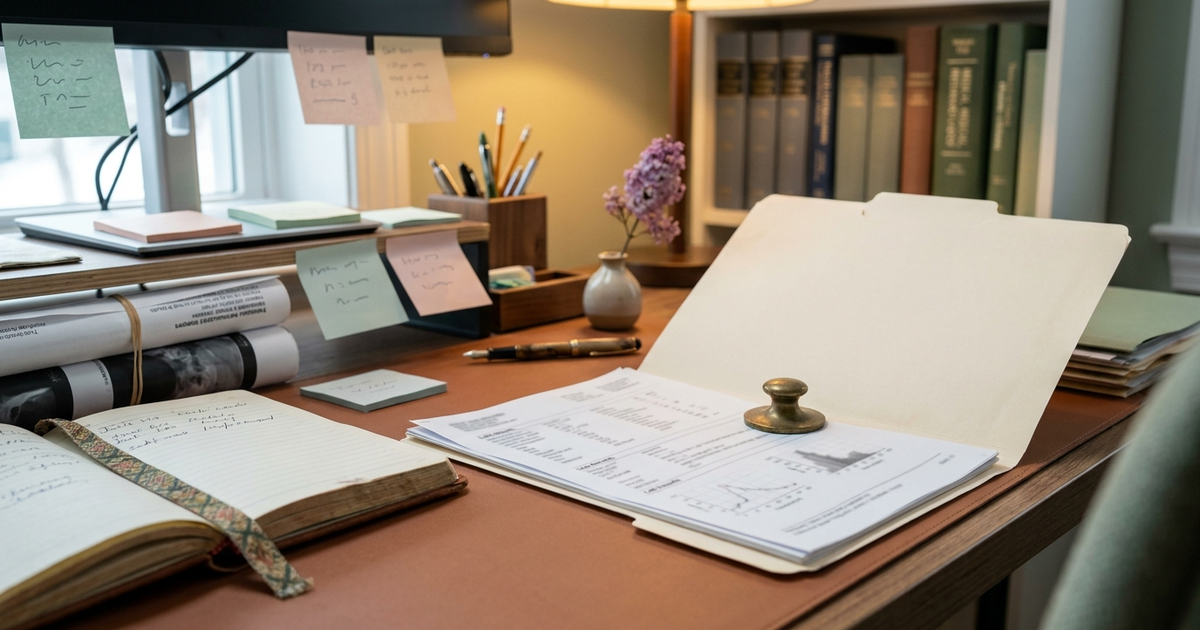A medical folder with lab results, endoscopy reports, and a symptom diary spread across a desk, representing the evidence needed for a Crohn's disease disability claim