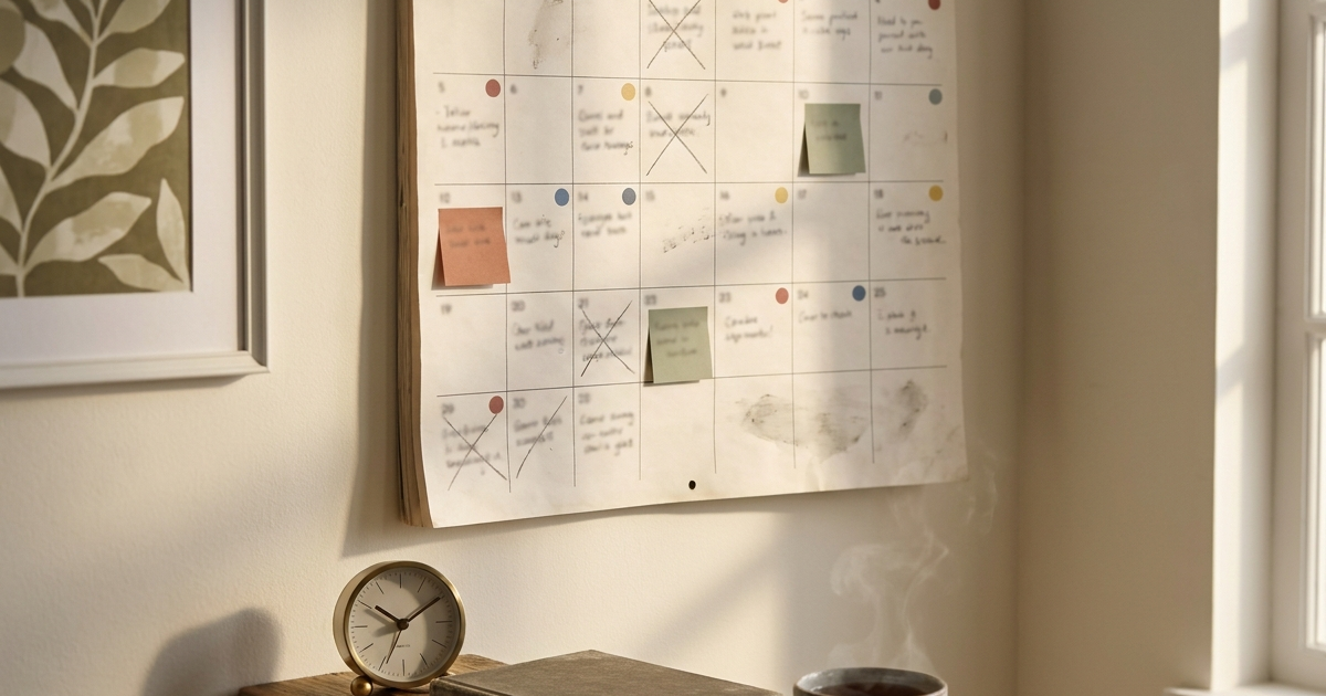 A calendar with multiple days marked for doctor appointments, infusion visits, and sick days, illustrating the unpredictable schedule impact of Crohn's disease on work ability