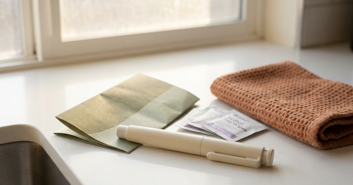 An unbranded autoinjector pen and a folded informational pamphlet laid out on a clean counter in soft morning light, representing the at-home Stelara injection for Crohn's disease